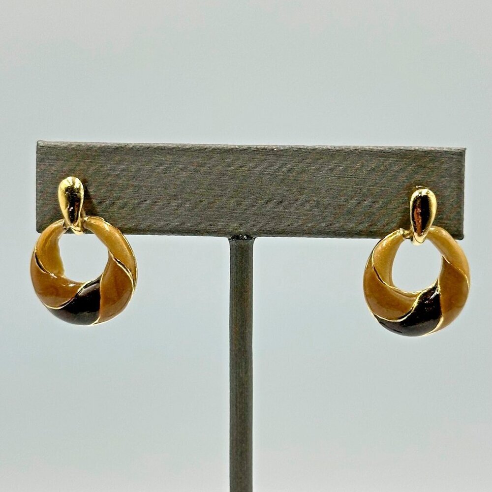 3/$30 Vintage Doorknocker Earrings Gold Tone Brown Enamel Small Mini 0.50"